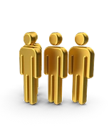 Op deze minimalistische afbeelding zijn drie schematische gouden figuurtjes van mensen te zien die in een rij staan opgesteld, wat het concept van teamwork, eenheid of een sociale groep symboliseert in een strakke en beknopte stijl.